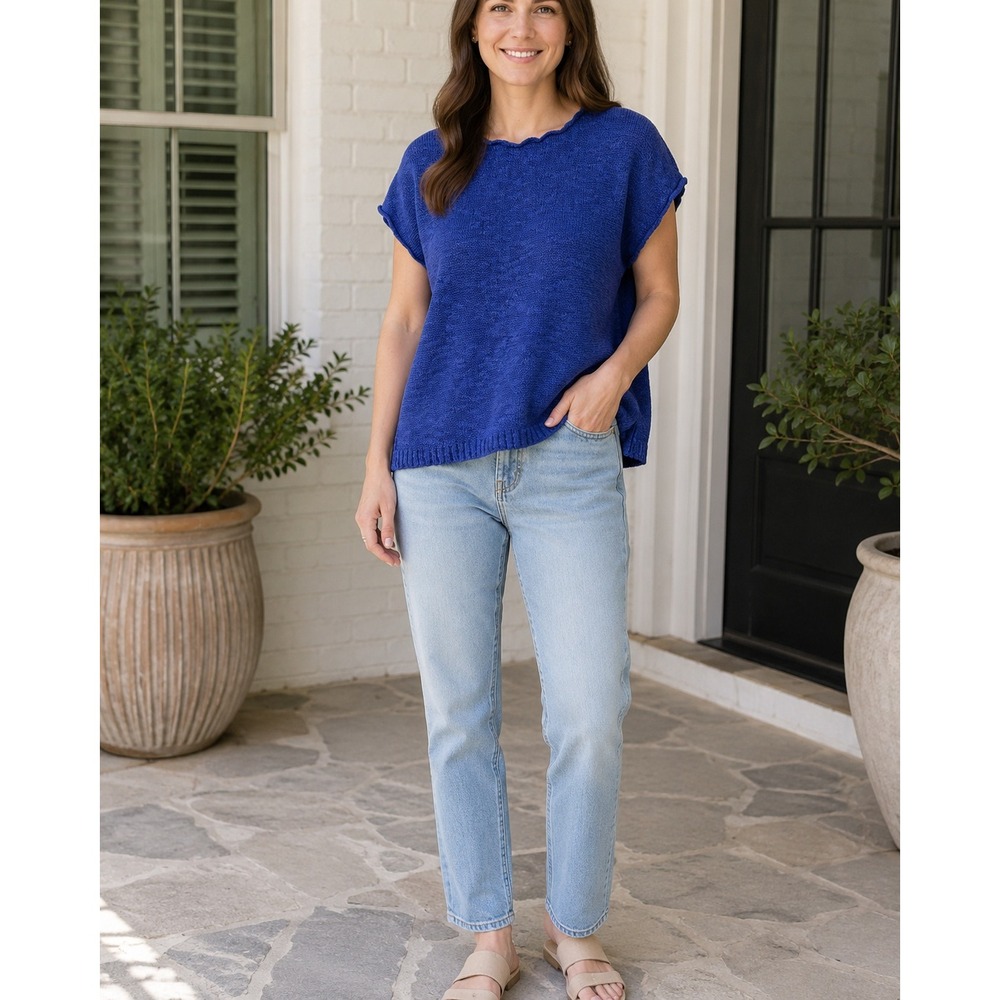 Old Navy Womens Royal Blue Textured Knit Scalloped Neck Short Sleeve Sweater S